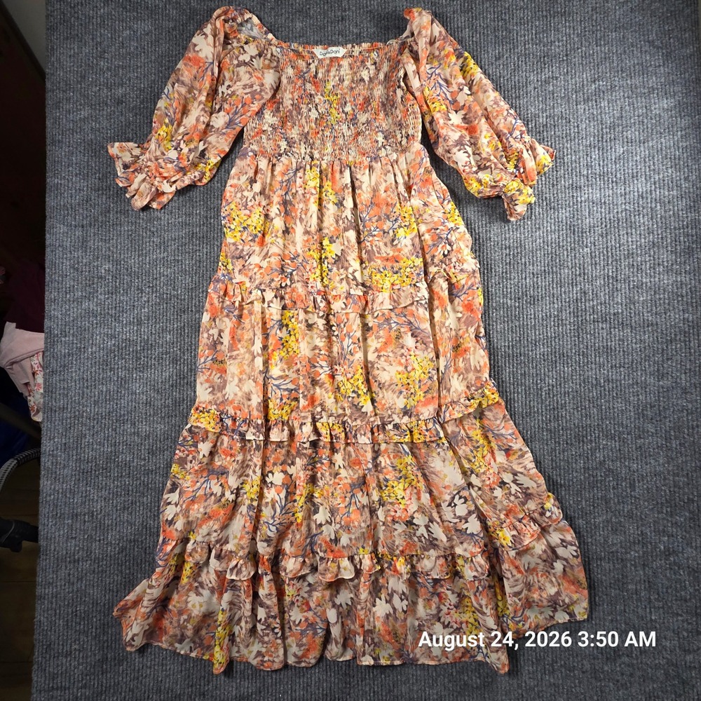 Davi & Dani Floral Smocked Tiered Maxi Dress Orange Yellow Boho Puff Sleeve L